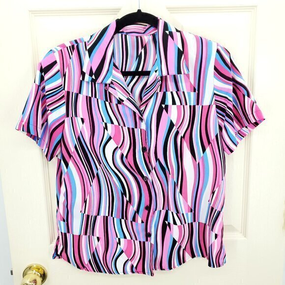 Retro Short Sleeve Button Shirt M/L Abstract Pink Halloween Disco Mod 60s 70s - Picture 1 of 16